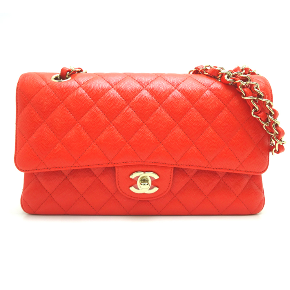 Chanel Matelasse Chain Shoulder Bag Caviar Skin Red Gold